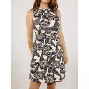 J Crew • Cream Beige Black Polynesian Floral Print A Line Cutout Back Dress